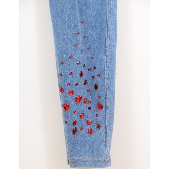 Rhinestone Red Hearts Accent Stones Embellished Blue Denim Jeans Jeggings Size L - Picture 4 of 10